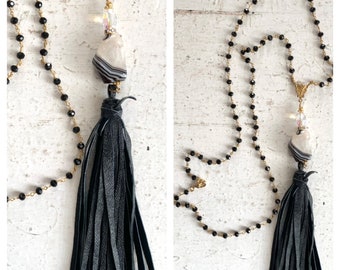 Handmade Black Leather Tassel Necklace, Long Layering Jet Black Bead Chain, Black and White Agate Stone, Vintage Swarovski Crystal, Upcycled