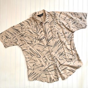 Vintage Mens Short Sleeve Button Down Shirt, Bon Homme, Size Large Cotton, Beige Black Abstract Pattern, 1980s 1990s, Cruise Wear, Summer