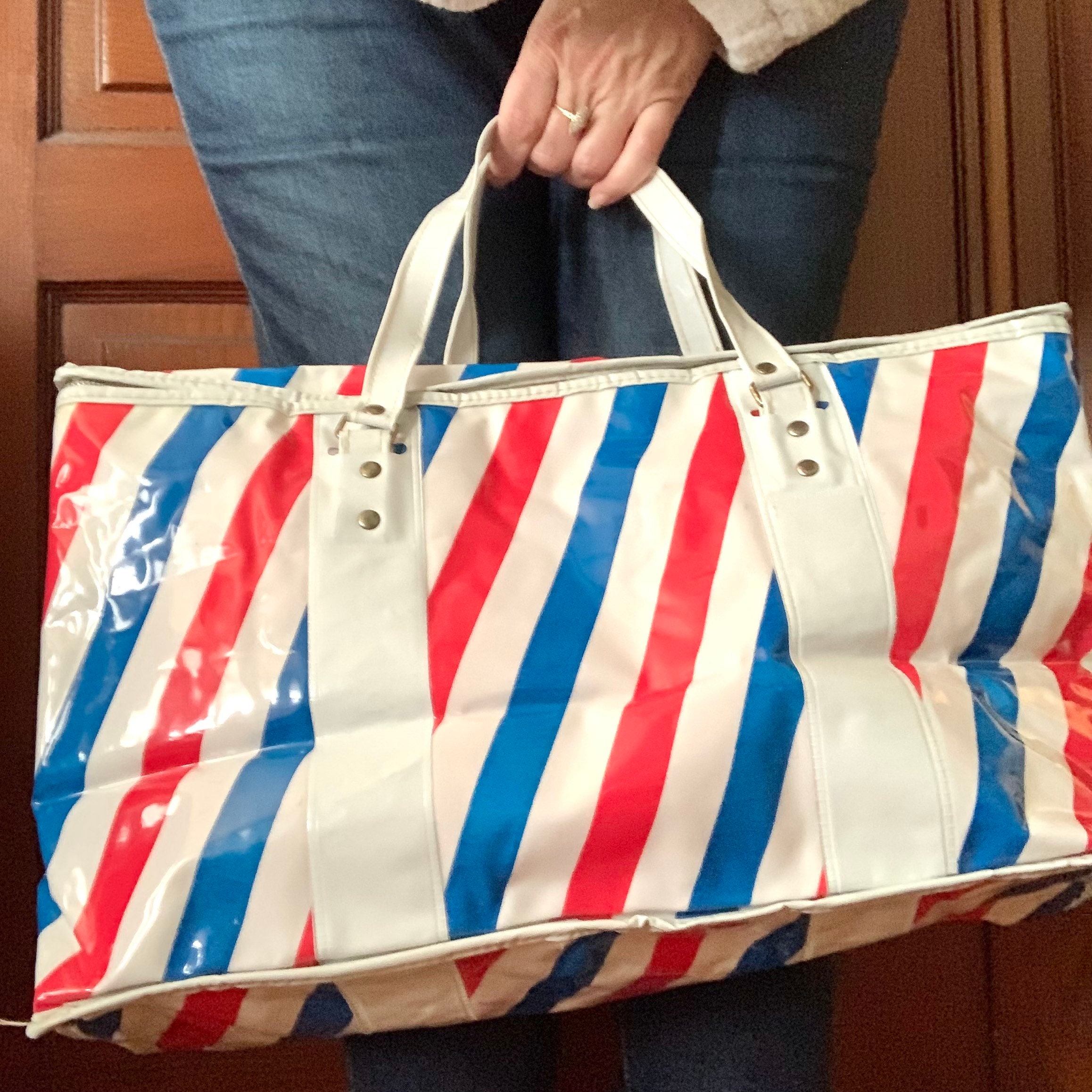 Vintage Soft Side Striped Cooler Bag Red White Blue 1980s 