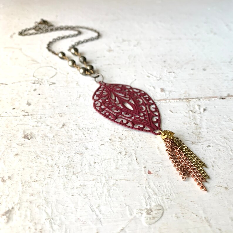 Burgundy Wine Filigree Feather Leaf Necklace with Mixed Metal Chain Tassel, Silver Pewter Glass Beads on Antique Brass Chain, Short Necklace image 3