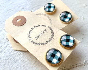 Buffalo Plaid Check Post Earrings, Black and White in either Gold or Silver Tone Post Earrings
