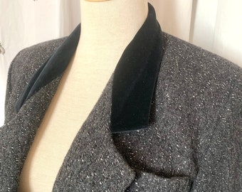 Vintage Liz Claiborne Wool Blazer, Black Velvet Collar, Metallic Thread, Size 4