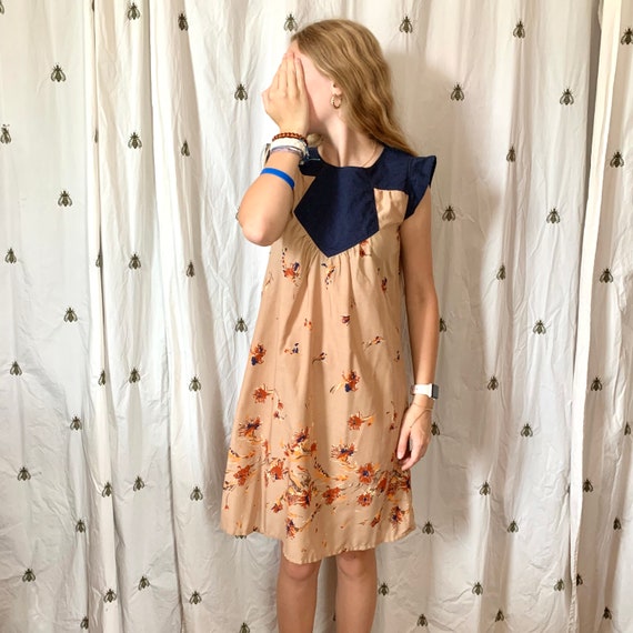 Size Small Vintage Peach Floral and Denim Dress, … - image 8