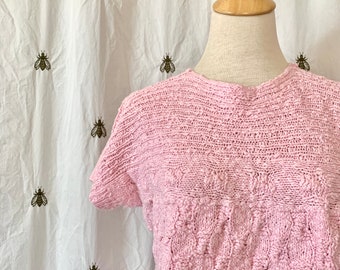 Size Large Vintage Knit Sweater, Pretty in Pink, Alternating Pattern, Handmade 1980s Short Sleeve Heaven