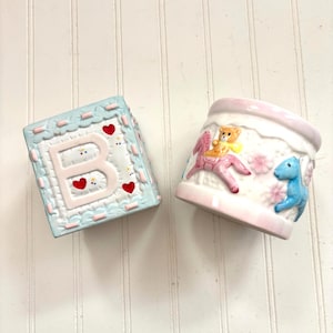 Vintage Bisque Nursery Planters, Baby Block and Carousel Horses, Pair