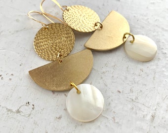 Raw Brass Mother Capiz Shell Earrings, Gold Raw Brass Geometric Links with Vintage White Capiz Shell Coin Drops, Gold Brass French Ear Wire