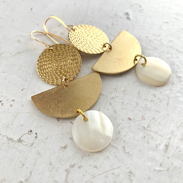 Raw Brass Mother Capiz Shell Earrings, Gold Raw Brass Geometric Links with Vintage White Capiz Shell Coin Drops, Gold Brass French Ear Wire