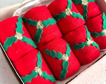 Vintage Homemade Christmas Napkin Rings, Red Felt Holly, Gold Glitter, Set of 8
