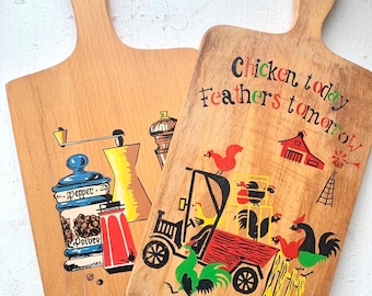 Vintage Wood Cutting Boards, Pepper Mils or Chicken Farm, Vintage Home Decor, Midcentury Kitchen Wall Art