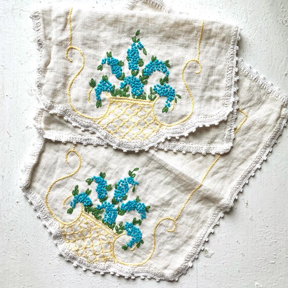 Vintage Embroidered Linen Dresser Scarves, Blue Flowers, Crochet Border - Etsy Vintage Embroidered Linen Dresser Scarves, Blue Flowers, Crochet Border - Etsy