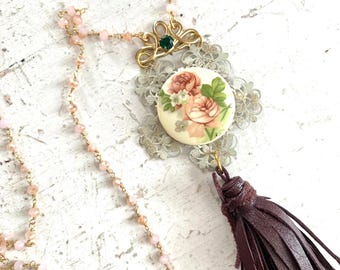 Boho Leather Tassel Necklace, Upcycled Rose Pendant, Pink Bead Chain
