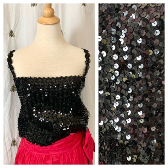 Size Medium Vintage Black Sequin Tank Top Scrolly Sequin Straps Cropped Style Fancy Fun Etsy Canada