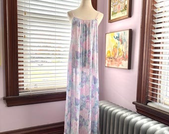 Vintage Miss Elaine Floral Nylon Nightgown, Made in USA