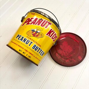 Vintage Peanut Kids Peanut Butter Tin, Metal Bucket Pail Handle, Yellow, Red, Blue, Storage Organization, Secret, Home Decor, Advertising