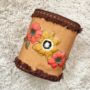 Vintage Floral Burlap Metal Trash Can, Waste Basket, Colorful Red Yellow Flowers, Brown Fringe Trim, Office, Study, Bedroom, Shabby Boho