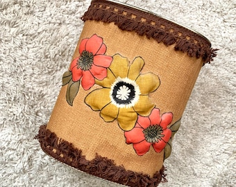 Vintage Floral Burlap Metal Trash Can, Waste Basket, Colorful Red Yellow Flowers, Brown Fringe Trim, Office, Study, Bedroom, Shabby Boho