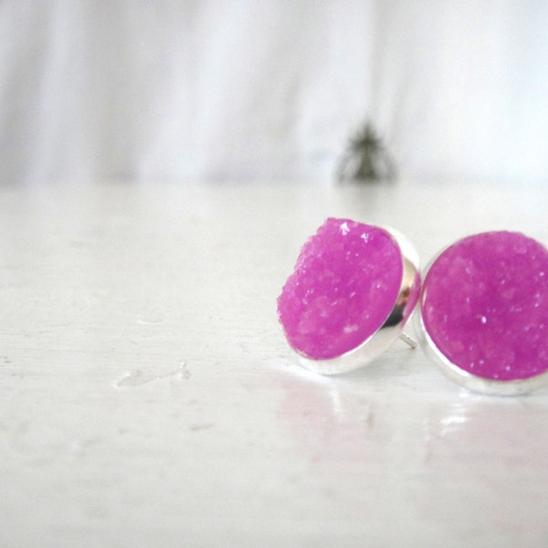 Druzy Stud Post Earrings of Sparkly Magenta Pink in Silver or Gold