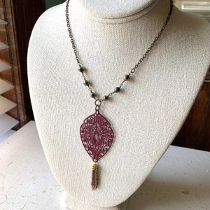 Burgundy Wine Filigree Feather Leaf Necklace with Mixed Metal Chain Tassel, Silver Pewter Glass Beads on Antique Brass Chain, Short Necklace image 4