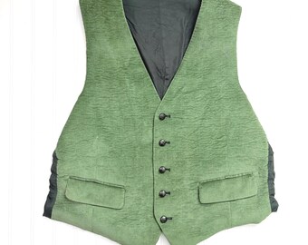 Vintage Green Corduroy Waistcoat Vest, Black Leather Look Buttons, Unisex Suiting, Pockets, Women's Menswear, Size 44