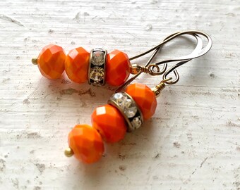 Orange Czech Glass Crystal Earrings, Sparkly Faceted Rondelle Triple Stack, Rhinestone Focal, Wire Wrap, Antique Brass Earwires