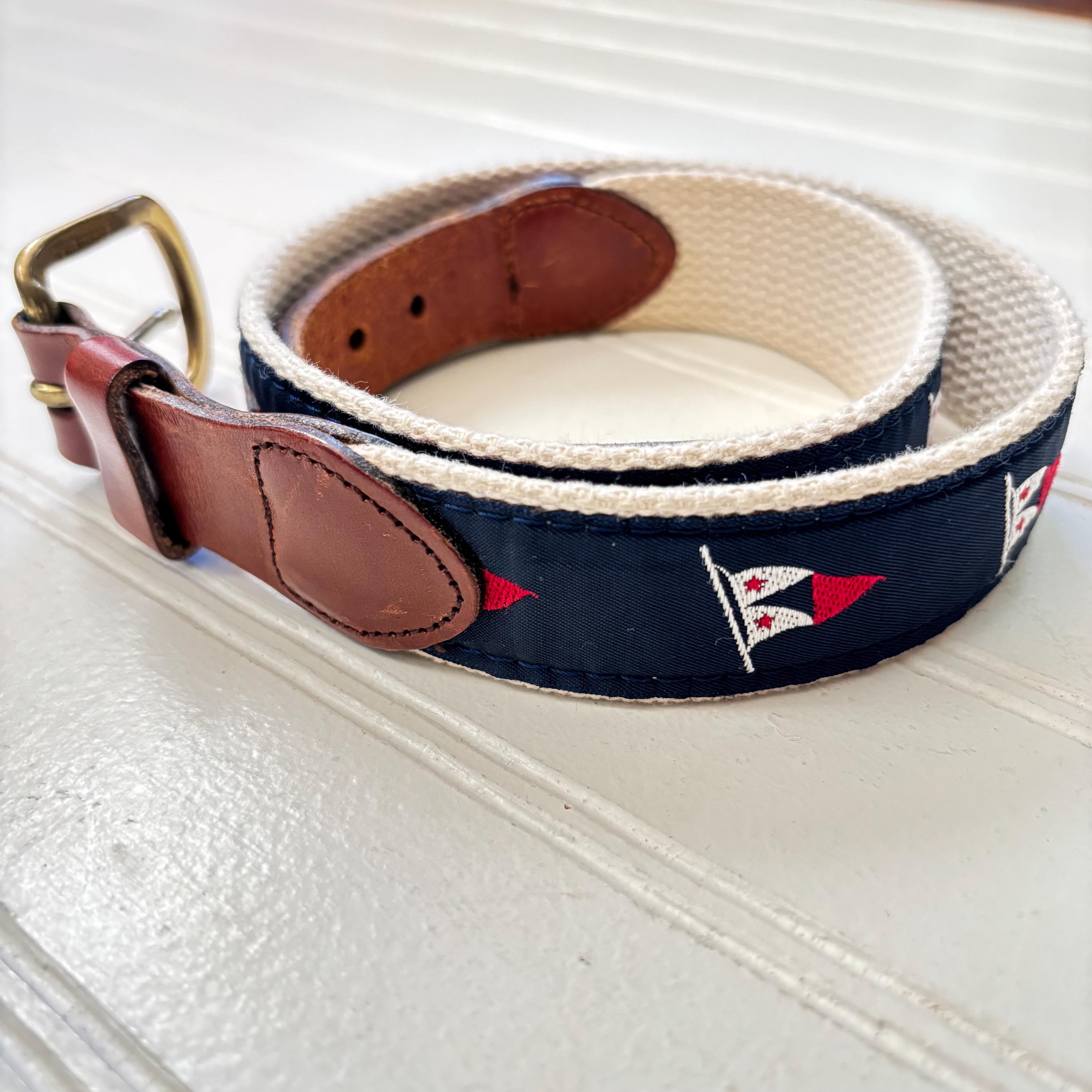 Vintage Leather Man Nautical Flag Belt, Size 28, Solid Brass 