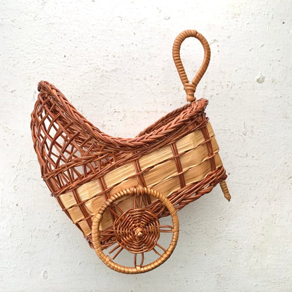 アンティーク　籐ベビーカー ヴィンテージ籐製ベビーカーまたは手押し車、ホームデコレーション