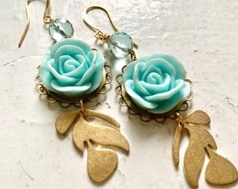 Turquoise Blue Flower Earrings, Sparkly Crystals, Brass Leaf Pendants, Gold Brass Boho Earrings