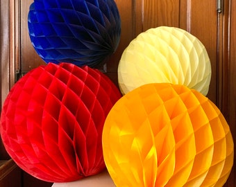Vintage 1960s Honeycomb Tissue Paper Balls, Red, Yellow, Blue, Orange, Party Decoration, Home Decor