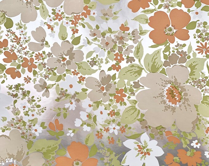 Vintage Wallpaper Roll, Midcentury Mod, White Orange Beige Green Flowers on Silver Foil, Home