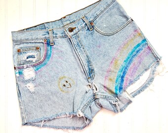 ヴィンテージ Nuovo 1990年代 デニムジーンズショーツ、ウエスト32インチ、Lサイズ、レインボーフラワー スマイリーフェイスマーカー