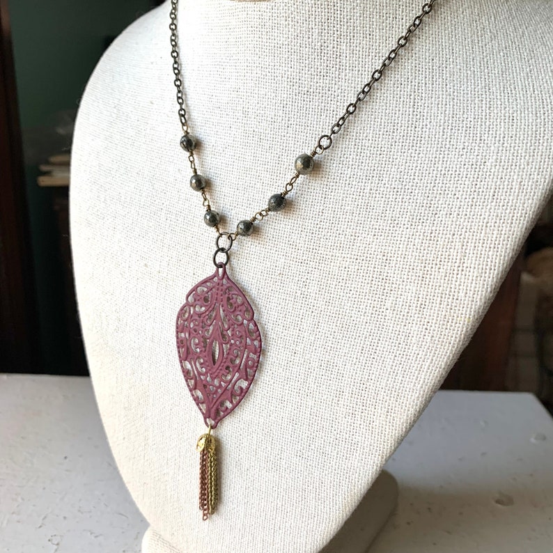 Burgundy Wine Filigree Feather Leaf Necklace with Mixed Metal Chain Tassel, Silver Pewter Glass Beads on Antique Brass Chain, Short Necklace image 1