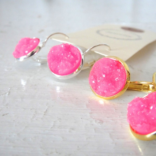 Druzy Lever Back Earrings of Neon Pink in Gold or Silver Drops