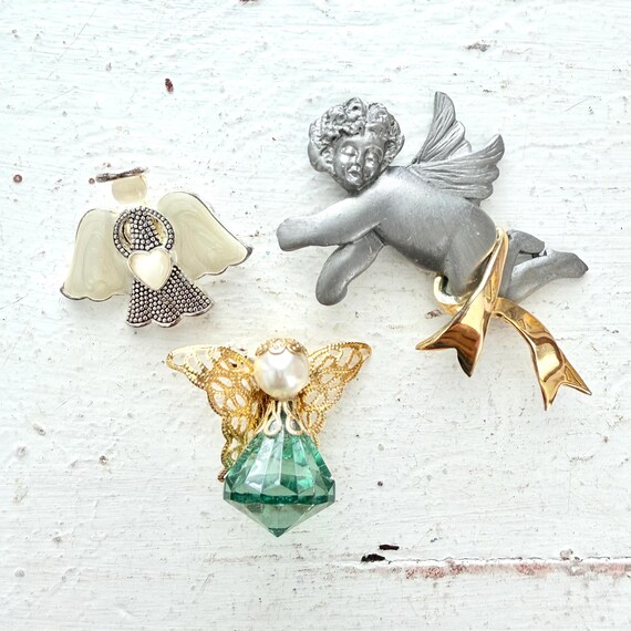 Vintage Christmas Brooches, Set of  3 Heavenly Angels, Green Gem, Silver and Gold, White Halo, Holiday Pins