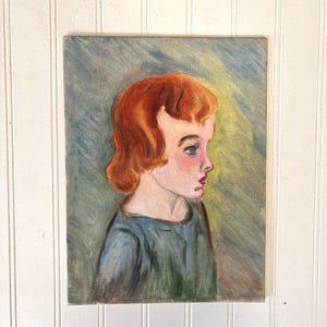Vintage Original Painting Woman Portrait, Midcentury Style, Profile Sitting,Oil Paint, Unsigned, Red Hair, Wall Art, 9 x 12, Canvas Panel