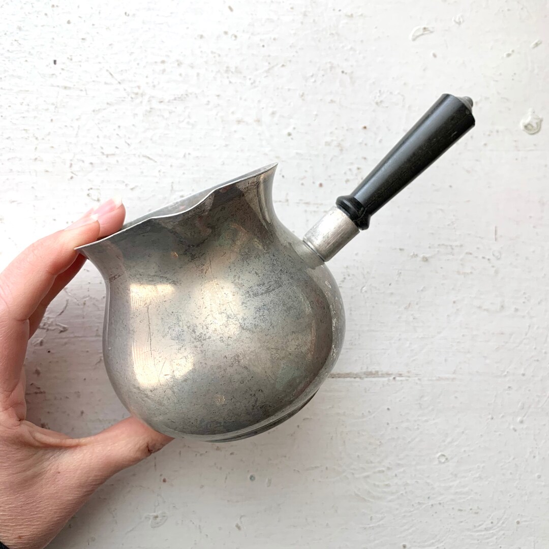 Vintage Aluminum Silver Sauce Pot, MMM Spain, Black Handle