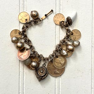 Vintage Coin Charm Bracelet, Great Britain, South Africa, Switzerland, Victorian Charm, Upscale Midcentury, Eclectic Boho Chic