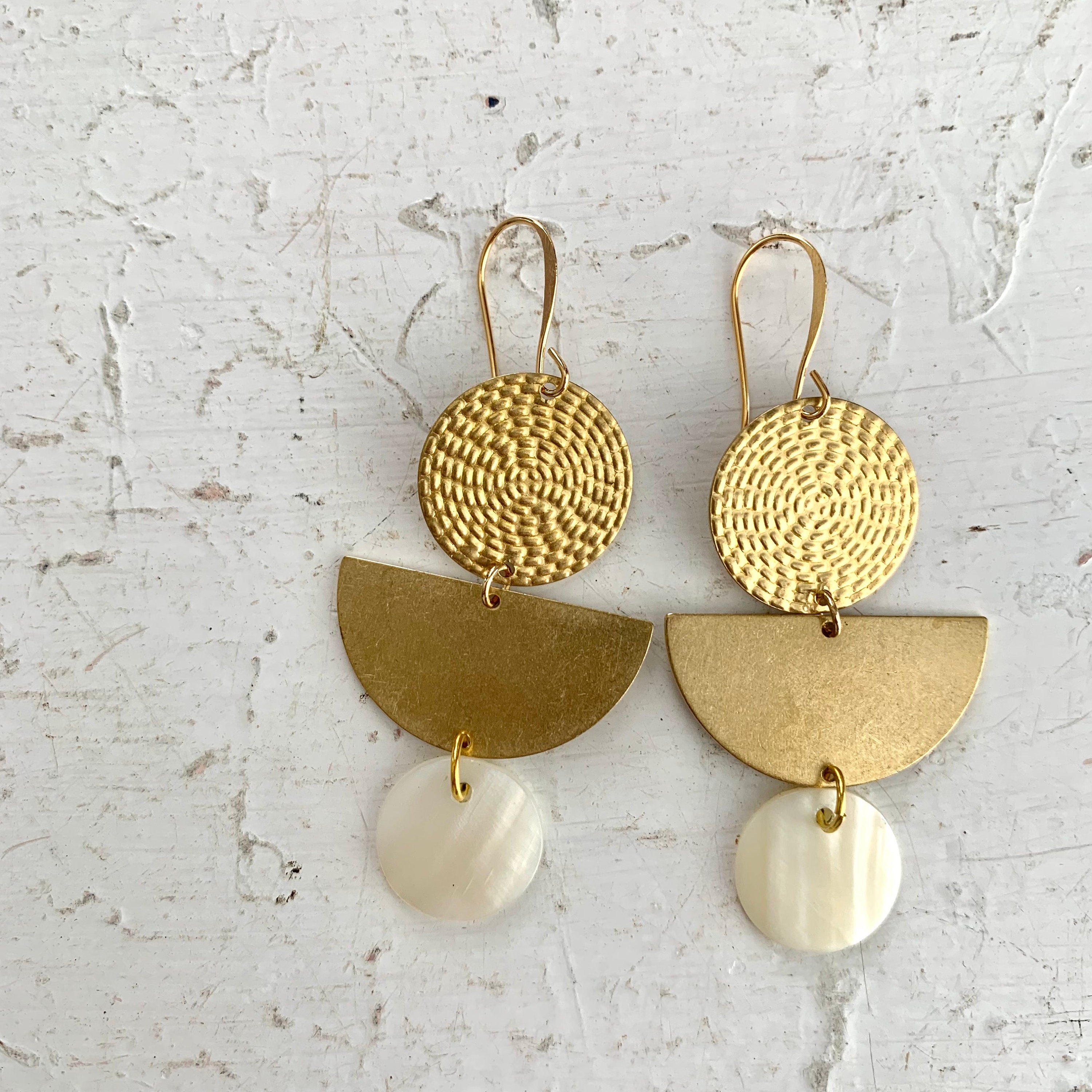 Raw Brass Mother Capiz Shell Earrings, Gold Raw Brass Geometric Links ...