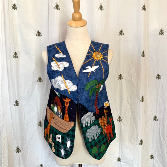 Vintage Noah's Arc Quilted Vest, Handmade 3D Mixed Media, Size