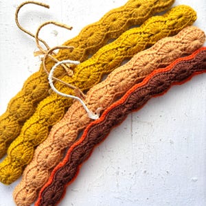 Vintage Crochet Wood and Metal Clothing Hangers, 4 Handmade Gems, Orange, Brown, Mustard Yellow, Gold, Storage Organization