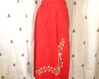 Vintage Embroidered Wrap Skirt, Red Floral Cotton Blend, Size L, Pockets