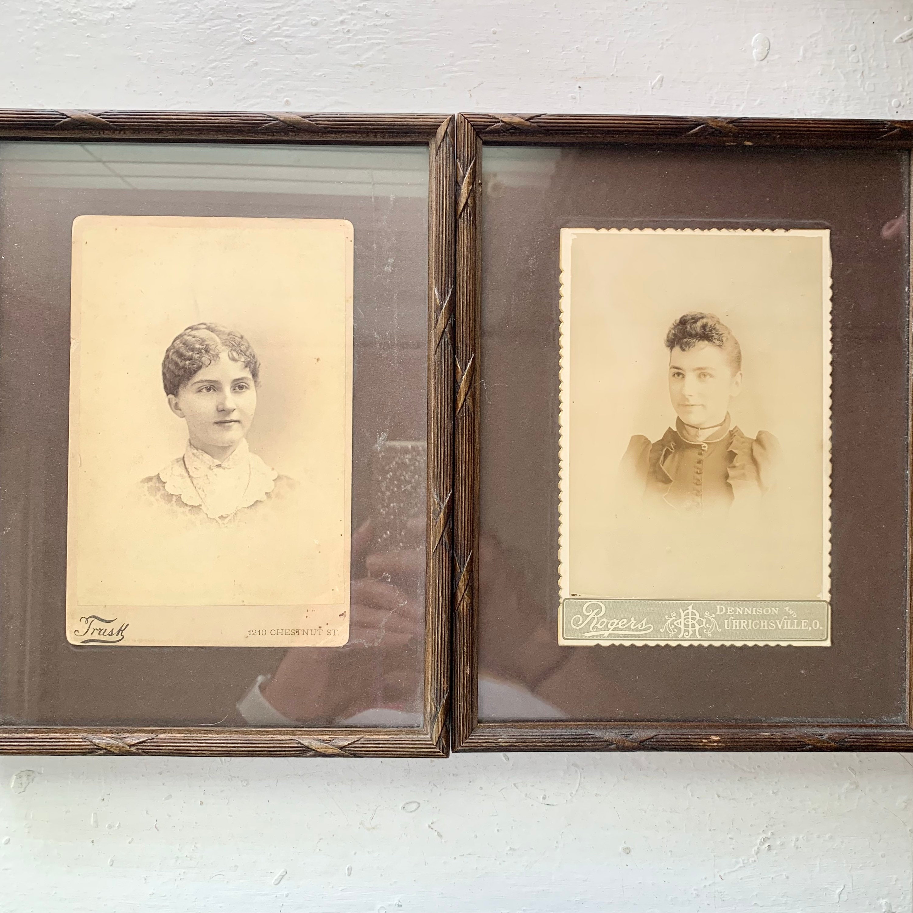Vintage Framed Photograph Pair, Sepia, 1800s Women, Philadelphia & Ohio