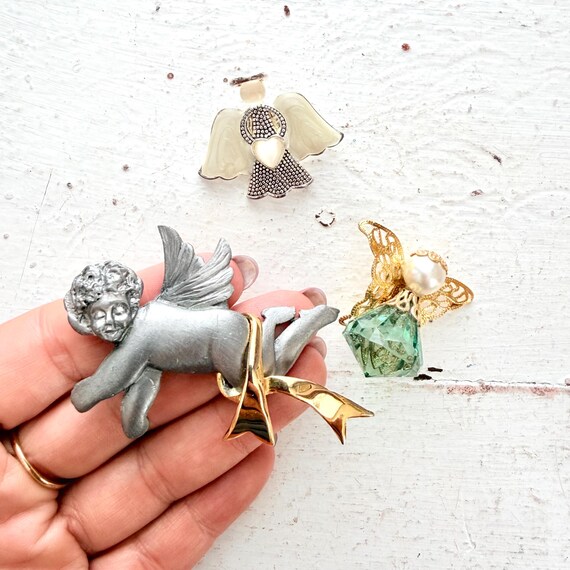Vintage Christmas Brooches, Set of  3 Heavenly Angels, Green Gem, Silver and Gold, White Halo, Holiday Pins View 2