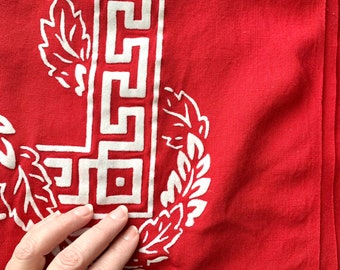 Vintage Red and White Velour Tablecloth, Large Rectangle, White Greek Key and Leaf Pattern, Linens, MidCentury