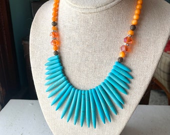 Turquoise Boho Spike Necklace, Handmade Statement Beaded Necklace, Orange and Blue Howlite, Crystals, Mixed Metals, Rhinestones