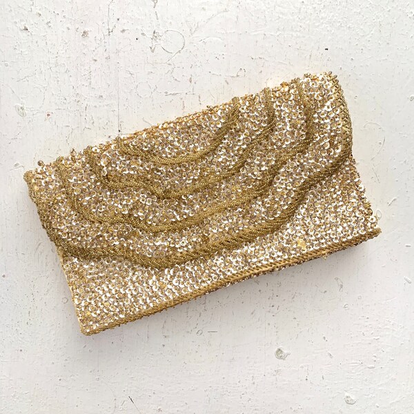 Vintage Gold Beaded Sequin Clutch Purse, Midcentury Evening Bag, Tonal Gold Satin Interior, Hand Made in Hong Kong, Inside Side Wall Pocket