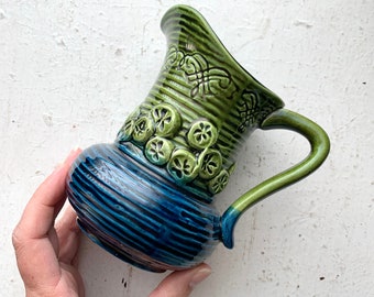 Vintage Green Blue Pitcher, Inarco Japan, Ceramic Pottery, Creamer Pitcher, Stripes, Flowers, Raised Wheels, Glazed, Midcentury Kitchen