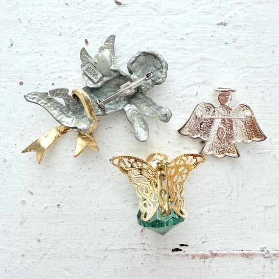 Vintage Christmas Brooches, Set of  3 Heavenly Angels, Green Gem, Silver and Gold, White Halo, Holiday Pins View 3