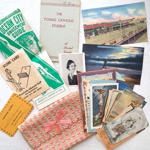 Vintage Ephemera Grouping in a Pink Ribbon Crocheted Purse, New Jersey Post Cards, Advertising, Prayer Cards, Photograph, Lunch Card