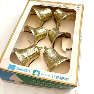 Vintage Christmas Gold Bell Ornaments, Glitter Plastic &quot;Unbreakable&quot; Bells, Set of 6, Original Box, Holiday Home Decor, Made in USA Bradford