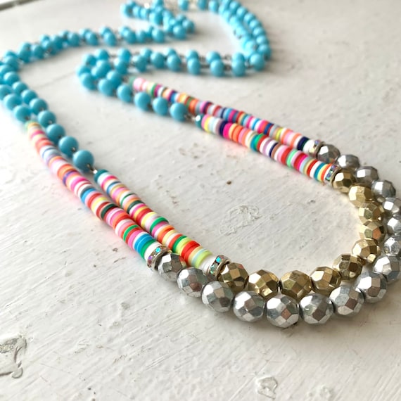 Blue Indie Rainbow Beaded Necklaces Polymer Sequins Vintage Blue Beads Midcentury Japan Silver or Gold Glass Colorful Summer Jewelry Etsy